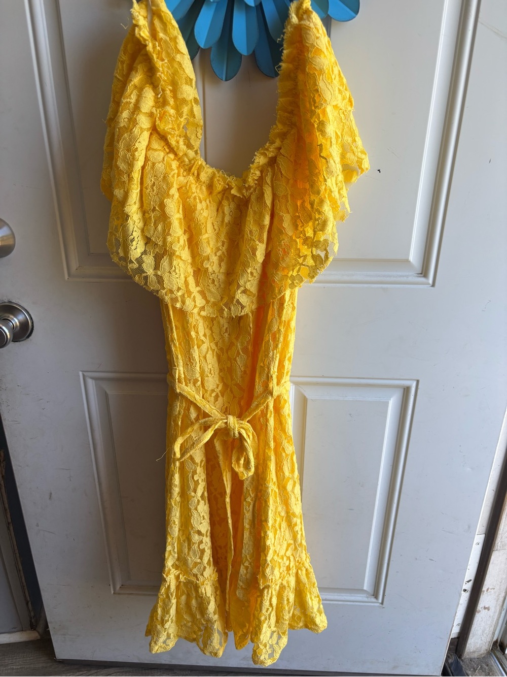 Yellow Lace Ruffled Tie-Waist Dress